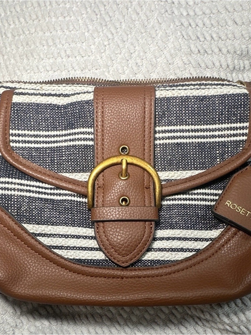Rosetti Navy and Brown Striped Canvas Crossbody with Gold Buckle Accent